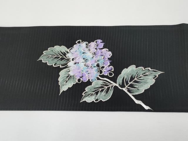 平和屋着物*夏物 絽塩瀬 九寸名古屋帯 総刺繍 紫陽花 黒地 銀糸 正絹 逸品 CABG3539tx