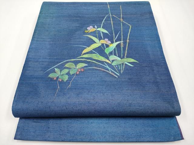 平和屋着物*夏物 太鼓柄袋帯 作家物 手描き 紬地 草花文 正絹 逸品 CABG3548tx
