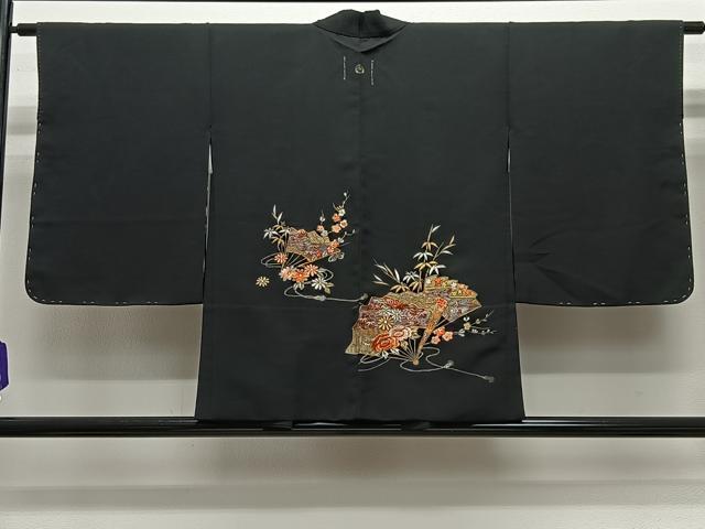 平和屋着物#羽織 総刺繍 扇面花文 黒地 金銀糸 正絹 逸品 未使用 CABG3603ua