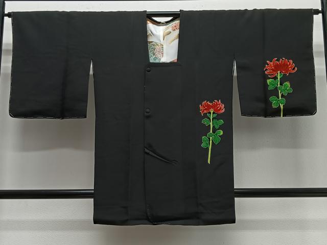 平和屋着物#道行コート 刺繍 乱菊 黒地 ロング丈 正絹 逸品 未使用 CABG3642ua