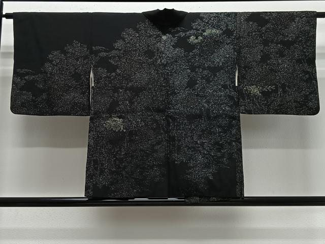 平和屋着物#羽織 寿光織 枝葉文 黒地 銀糸 正絹 逸品 CABG3662ua