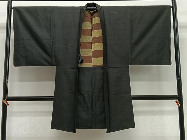 平和屋着物#男性 長羽織 紬地 黒色 正絹 逸品 CABG3664ua