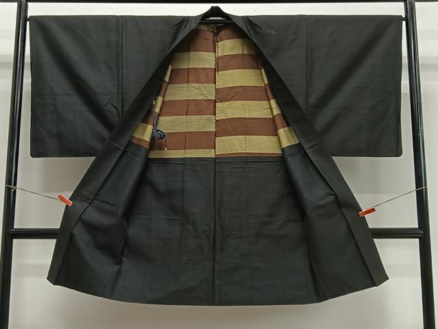 平和屋着物#男性 長羽織 紬地 黒色 正絹 逸品 CABG3664ua