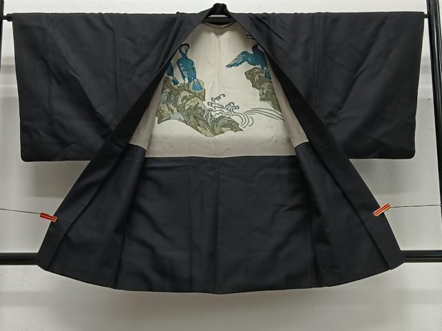 平和屋着物∞男性 羽織 お召地 暗黒色 正絹 逸品 CABG3695ua