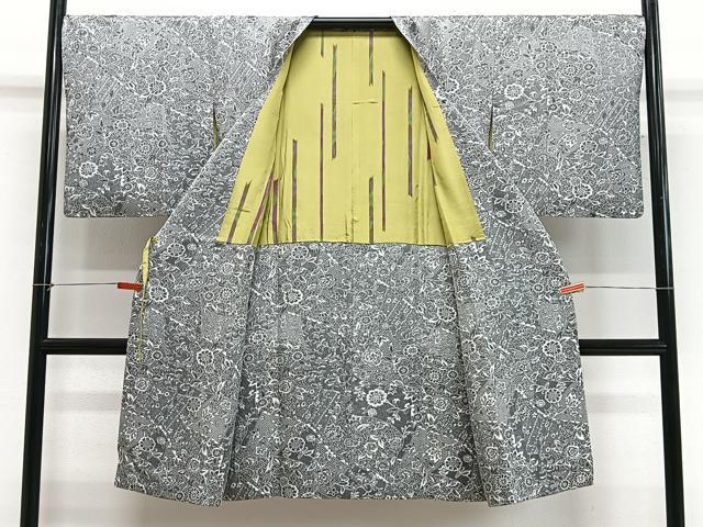 平和屋着物∞道行コート お召地 天目織 草花文 正絹 逸品 CABG3709ua