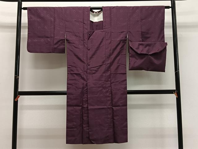 平和屋着物#道行コート 雨コート 単衣 花織 格子柄 蒲葡色 ロング丈 収納袋付き 正絹 逸品 CABG3716ua
