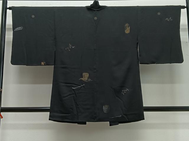 平和屋着物#羽織 寿光織 茶道具 黒地 金糸 正絹 逸品 CABG3729ua
