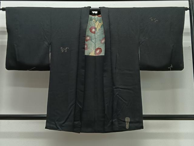 平和屋着物#羽織 寿光織 茶道具 黒地 金糸 正絹 逸品 CABG3729ua
