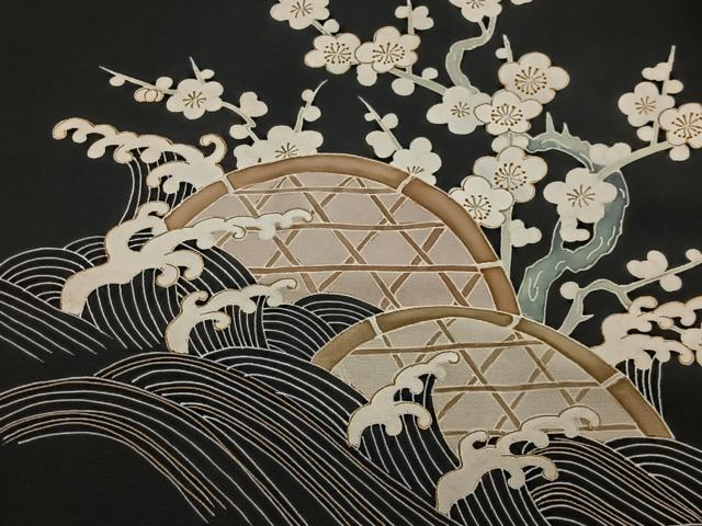平和屋着物#羽織 籬梅文 黒地 金彩 正絹 逸品 CABG3737ua