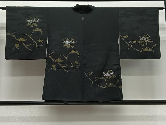 平和屋着物#羽織 寿光織 枝花文 黒地 金糸 正絹 逸品 CABG3763ua