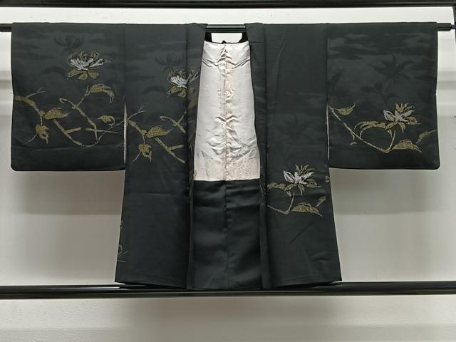 平和屋着物#羽織 寿光織 枝花文 黒地 金糸 正絹 逸品 CABG3763ua