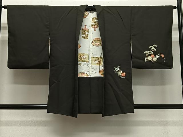 平和屋着物#羽織 総刺繍 絵巻草花文 黒地 正絹 逸品 CABG3769ua