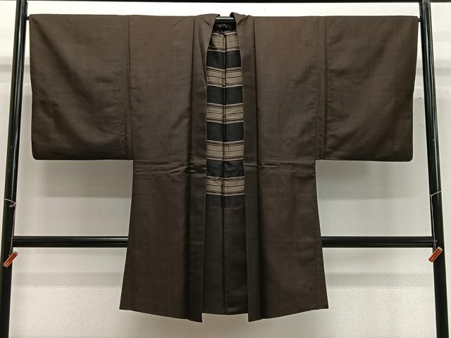 平和屋着物#男性 長羽織 紬地 縞 正絹 逸品 CABG3771ua