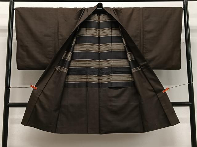 平和屋着物#男性 長羽織 紬地 縞 正絹 逸品 CABG3771ua
