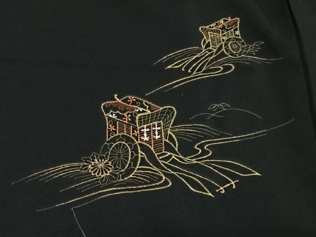 平和屋着物#羽織 総刺繍 流水御所車文 黒地 金糸 洗える着物 未使用 CABG3779ua