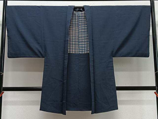 平和屋着物∞男性 長羽織 紬地 鉄御納戸色 正絹 逸品 CABG3782ua