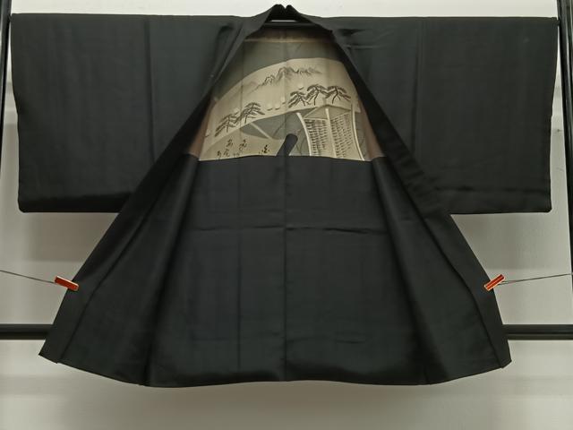平和屋着物∞男性 長羽織 紬地 暗黒色 正絹 逸品 CABG3785ua