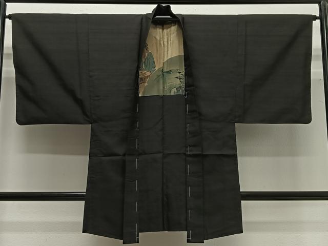 平和屋着物∞男性 長羽織 紬地 黒地 正絹 逸品 未使用 CABG3792ua