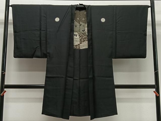 平和屋着物∞男性 長羽織 黒紋付 羽裏:人物文 正絹 逸品 CABG3794ua