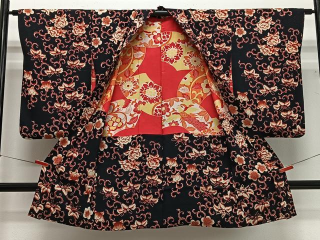 平和屋着物∞アンティーク 長羽織 花唐草文 黒地 正絹 逸品 CABG3795ua