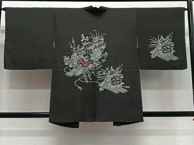 平和屋着物#羽織 刺繍 草花文 黒地 正絹 逸品 未使用 CABG3819ua
