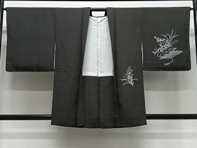 平和屋着物#羽織 刺繍 草花文 黒地 正絹 逸品 未使用 CABG3819ua