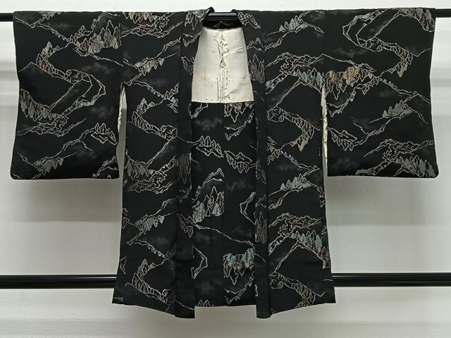平和屋着物#羽織 寿光織 遠山風景文 黒地 銀糸 正絹 逸品 CABG3838ua