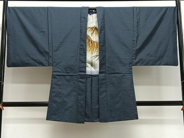 平和屋着物∞男性 長羽織 本場大島紬 格子 羽裏:虎 正絹 逸品 CABG3894ua