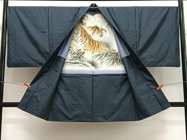 平和屋着物∞男性 長羽織 本場大島紬 格子 羽裏:虎 正絹 逸品 CABG3894ua