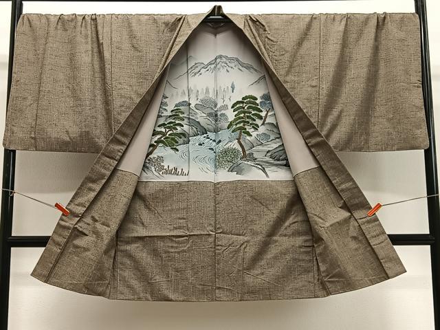 平和屋着物∞男性 長羽織 紬地 霞文 肥後煤竹色 キングサイズ 正絹 逸品 CABG3899ua