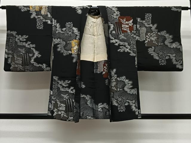 平和屋着物#羽織 寿光織 立波色紙花文 黒地 金銀糸 正絹 逸品 CABG3967ua