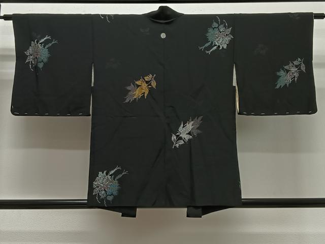 平和屋着物#羽織 寿光織 草花文 黒地 金銀糸 正絹 逸品 CABG3977ua