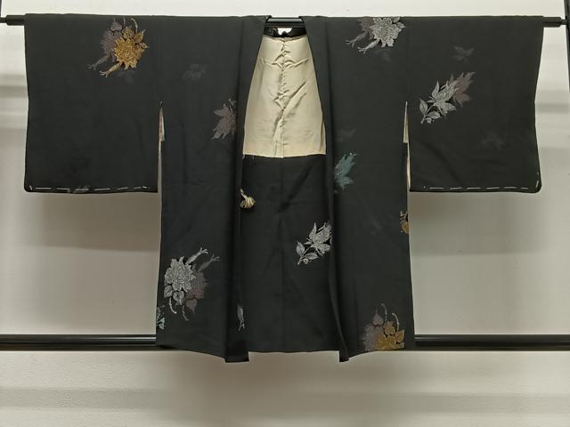 平和屋着物#羽織 寿光織 草花文 黒地 金銀糸 正絹 逸品 CABG3977ua