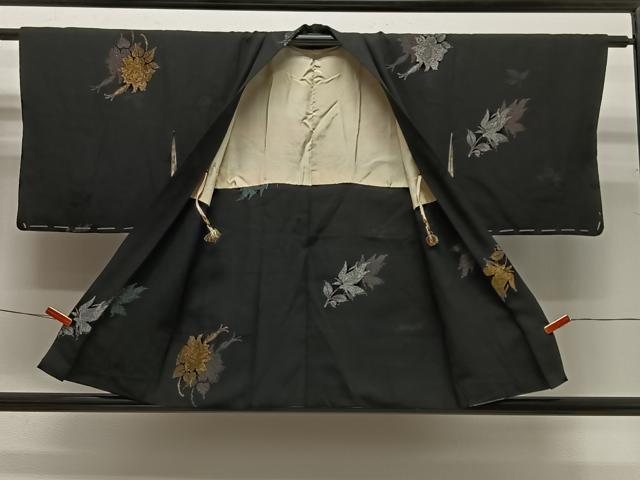 平和屋着物#羽織 寿光織 草花文 黒地 金銀糸 正絹 逸品 CABG3977ua