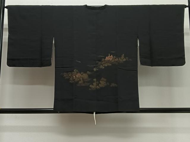 平和屋着物#道行コート 寿光織 風景文 黒地 金銀糸 正絹 逸品 CABG3978ua