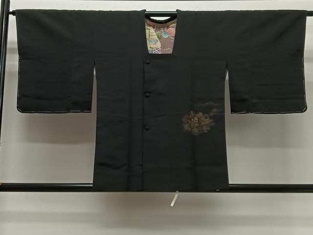 平和屋着物#道行コート 寿光織 風景文 黒地 金銀糸 正絹 逸品 CABG3978ua
