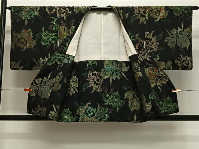 平和屋着物#道行コート 寿光織 舞花文 黒地 金銀糸 正絹 逸品 CABG3983ua