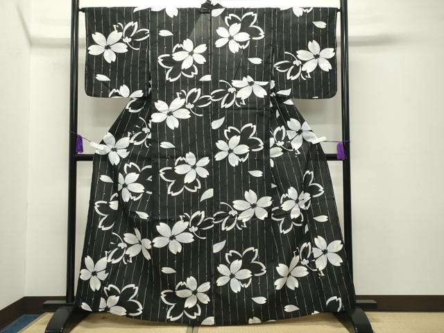 平和屋着物∴夏物 綿紅梅 浴衣 舞桜文 黒地 綿 逸品 CABG4002gh