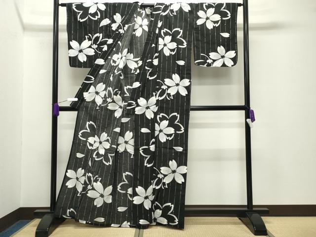 平和屋着物∴夏物 綿紅梅 浴衣 舞桜文 黒地 綿 逸品 CABG4002gh