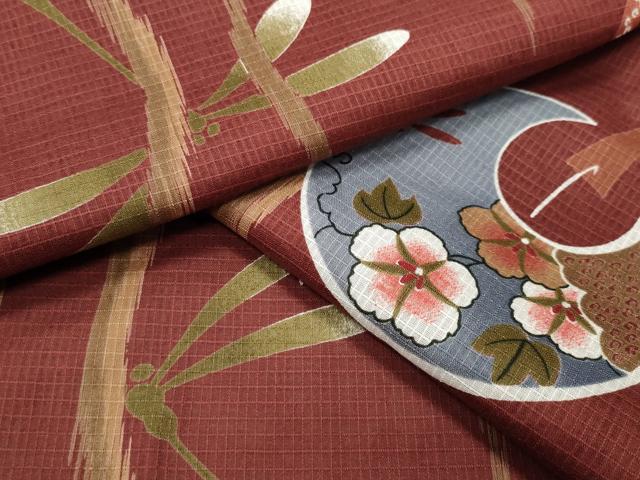 平和屋着物∴夏物 綿紅梅 浴衣 トンボ 風鈴 花唐草文 綿 逸品 CABG4018gh