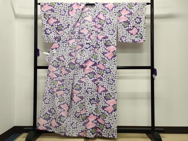 平和屋着物∴夏物 綿紅梅 浴衣 舞蝶桜文 綿 逸品 CABG4024gh