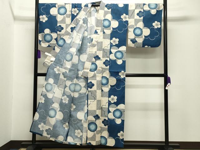 平和屋着物∴夏物 綿紅梅 浴衣 市松舞梅文 綿 逸品 CABG4025gh