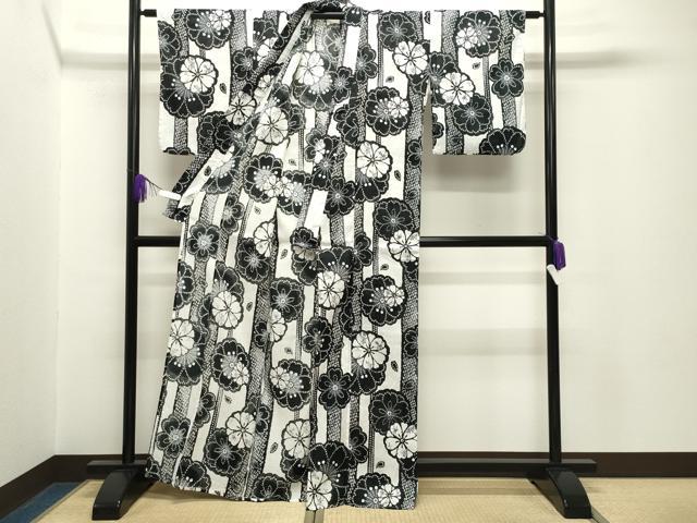 平和屋着物∴夏物 浴衣 舞花文 黒地 綿麻 逸品 CABG4027gh