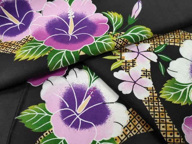 平和屋着物∴夏物 浴衣 ハイビスカス 黒地 綿 逸品 CABG4033gh
