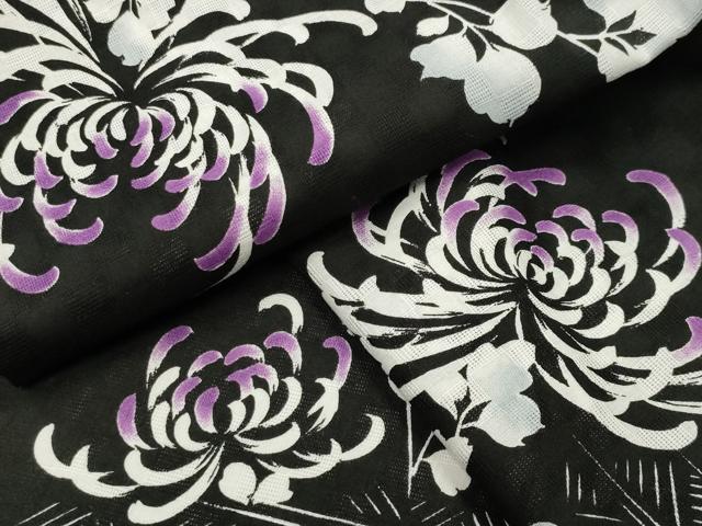 平和屋着物∴夏物 浴衣 裏菊花文 黒地 綿 逸品 CABG4034gh