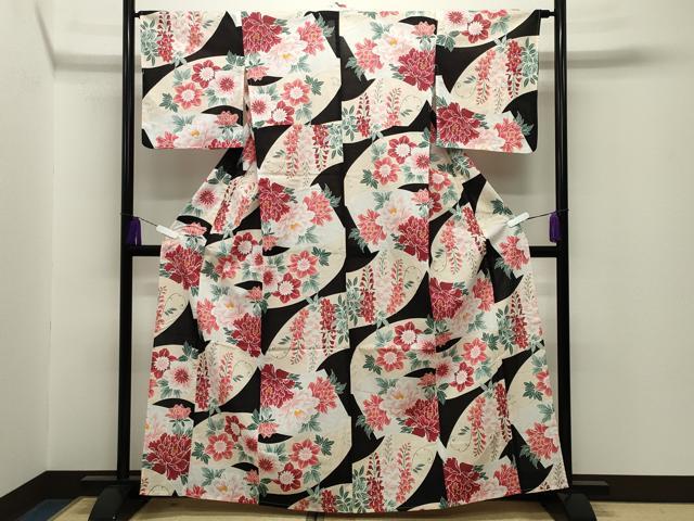 平和屋着物∴夏物 綿紅梅 浴衣 草花文 黒地 綿 逸品 CABG4045gh