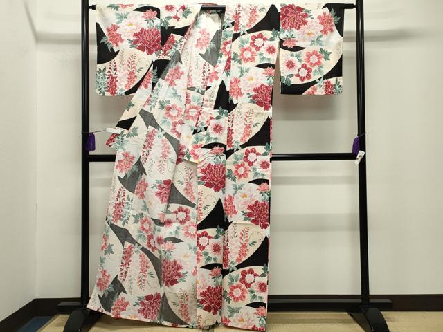 平和屋着物∴夏物 綿紅梅 浴衣 草花文 黒地 綿 逸品 CABG4045gh