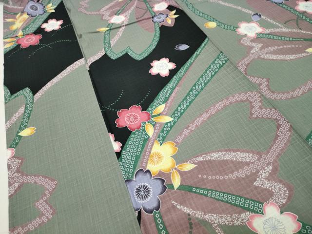 平和屋着物∴夏物 綿紅梅 浴衣 舞桜文 黒地 綿 逸品 CABG4073gh