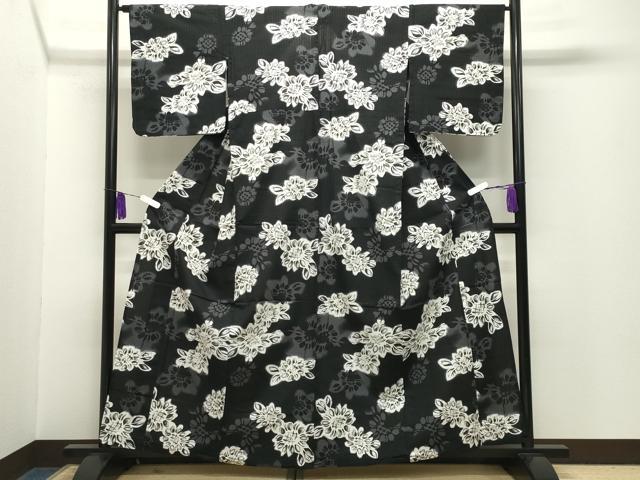 平和屋着物∴夏物 綿紅梅 浴衣 草花文 黒地 綿 逸品 CABG4106gh