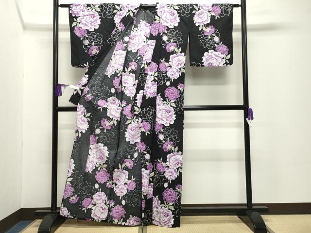 平和屋着物∴夏物 浴衣・小紋兼用 牡丹花文 黒地 銀彩 CABG4114gh